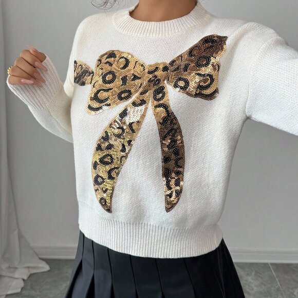 Apricot Women's Casual Bowknot Sequin Leopard Long Sleeve Sweater - Picture 5 of 10